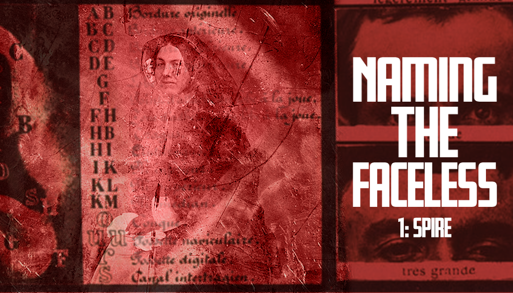 A red banner with a decaying public domain photo of a woman overlaid with unitelligible text. To the right we can see two photographs of a man's eyes. The title "Naming The Faceless" is overlaid in bold white text.
