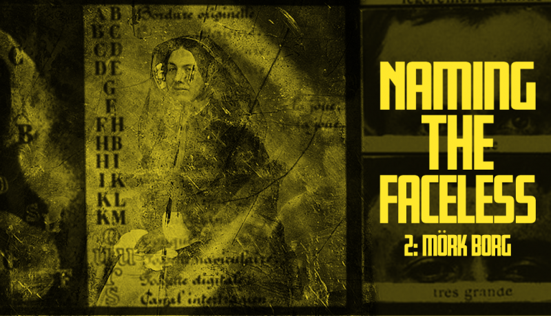 A yellow banner with a decaying public domain photo of a woman overlaid with unitelligible text. To the right we can see two photographs of a man's eyes. The title "Naming The Faceless" is overlaid in bold yellow text.