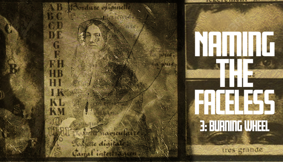 A gold banner with a decaying public domain photo of a woman overlaid with unitelligible text. To the right we can see two photographs of a man's eyes. The title "Naming The Faceless" is overlaid in bold white text.