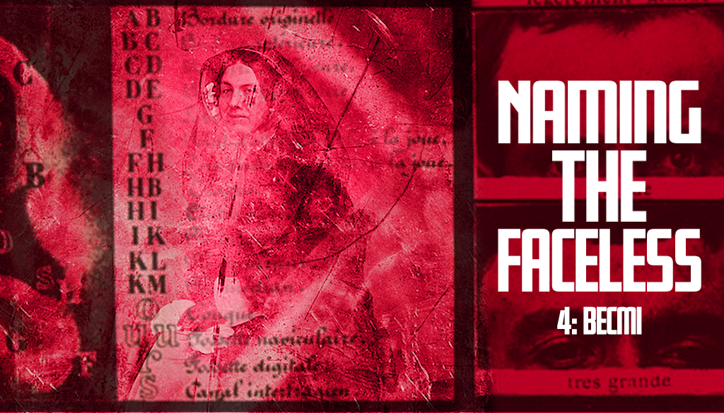 A red banner with a decaying public domain photo of a woman overlaid with unitelligible text. To the right we can see two photographs of a man's eyes. The title "Naming The Faceless" is overlaid in bold white text.