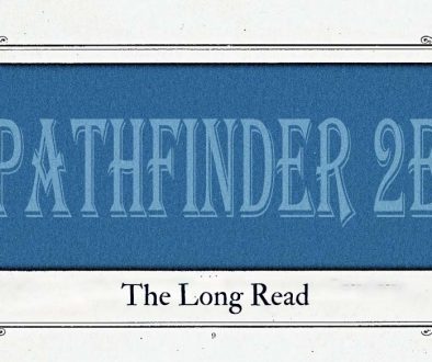 A blue rectangle bordered by vintage page decorations. Faded text in the rectangle reads "Pathfinder 2e". Below, in an old serif font, is the title "The Long Read".