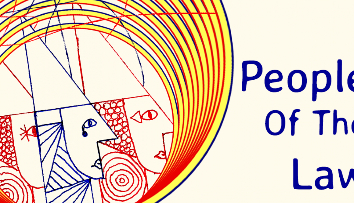 Swirling concentric circles contain three almost identical faces rendered in red and blue. Text to the right of the image reads "People Of The Law".