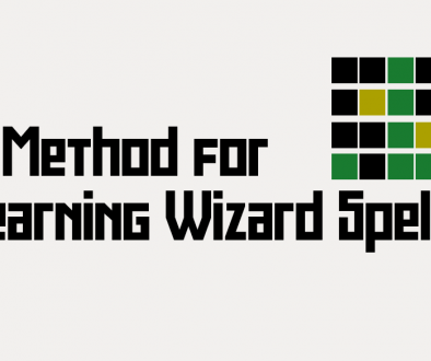 Text that reads "A Method for Learning Wizard Spells". There is an array of blocks above the word "spells" that are coloured black, green, and yellow.