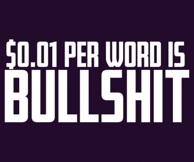 A purple banner with white text that reads "$0.01 per word is bullshit"
