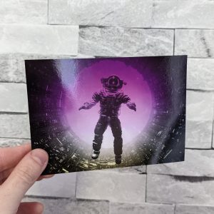 A postcard showing an astronaut falling backwards into a void overlaid with a purple to yellow gradient.