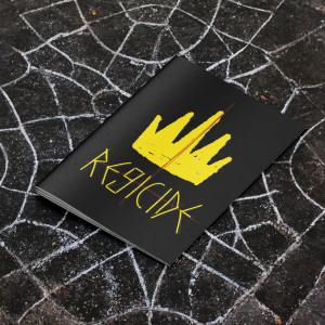 A digital mockup of an A% zine. The cover shows a gold crown and the word "REGICIDE" in yellow text.