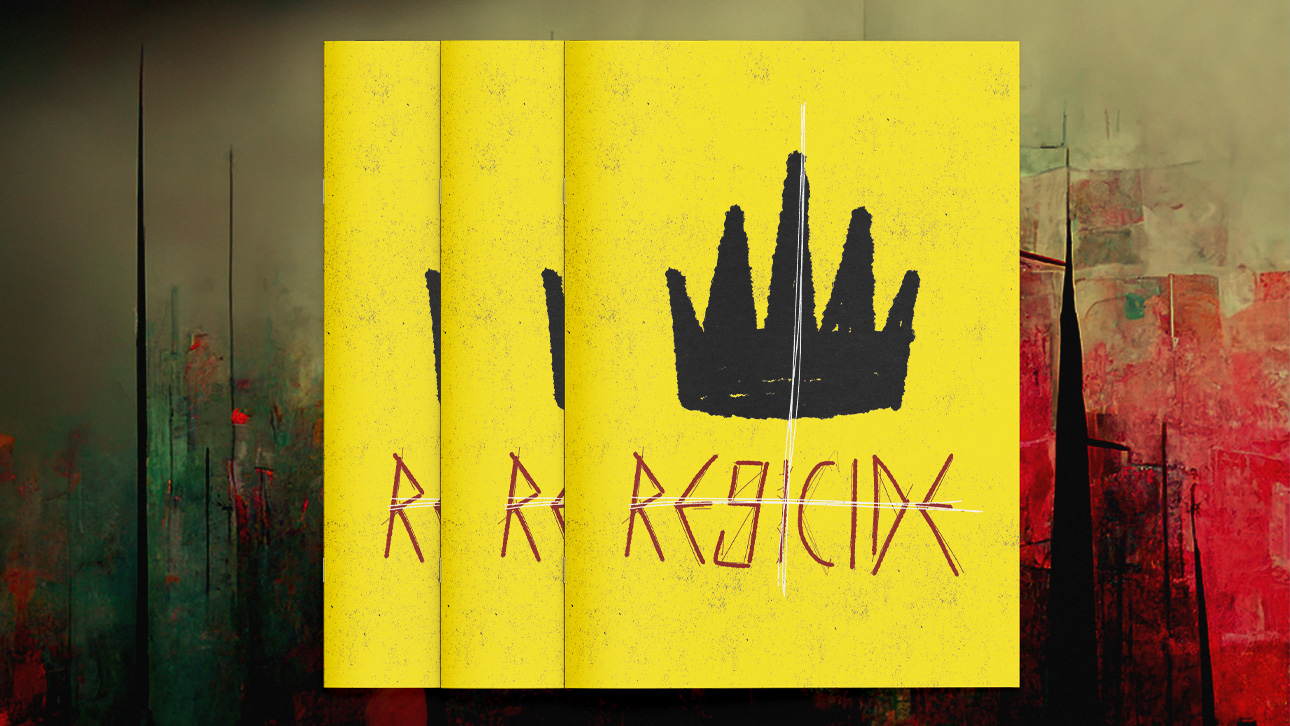 Mockups of three A5 zines on an abstract background. The covers are yellow, with a large black crown and an inverted white cross. Red, scrawled text reads REGICIDE.