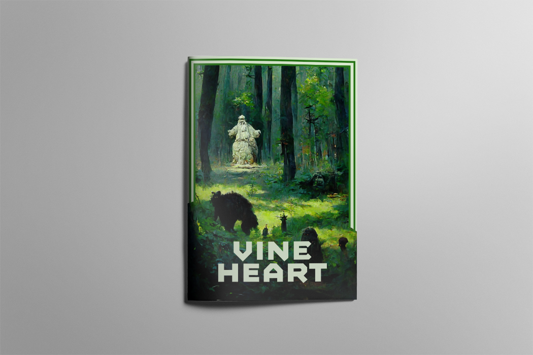 A digital mockup of an A5 zine. The cover is green and shows a forest scene. A statue stands in the background, while shadowy creatures lurk in the foreground. The title reads "Vine Heart".