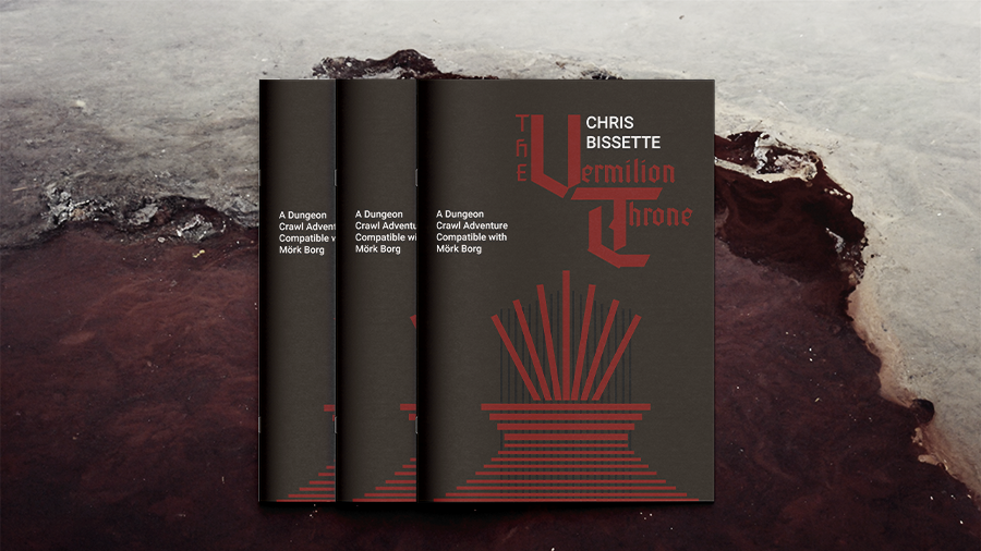 Three A5 zines. They have identical covers, black with an abstract rendering of a throne made from straight red lines. The title reads "The Vermilion Throne". The stack of three zines sit over a background image of swirling red liquid.