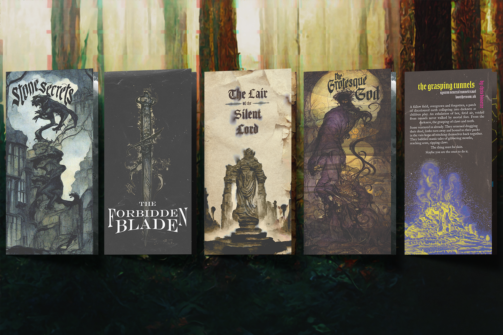 Digital mockups of five pamphlet adventures