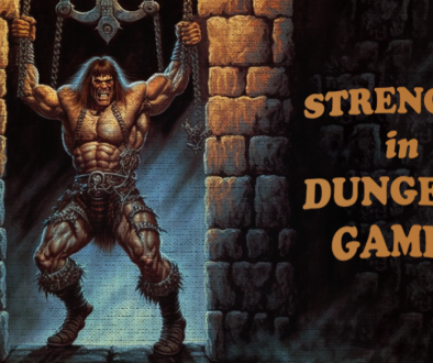 A muscular warrior holds a gate overhead in a dungeon. A title on the wall beside him reads "Strength In Dungeon Games"