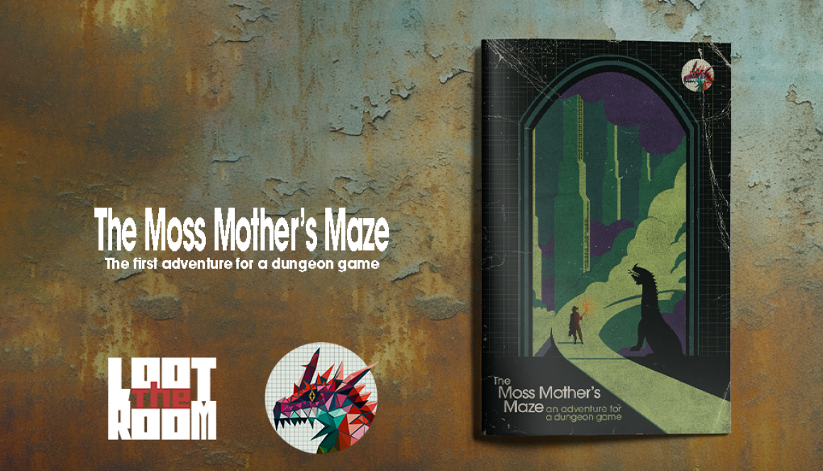 A digital mockup of an adventure zine showing an underground complex. A dragon threatens an unwary adventurer. Text beside the book reads "The Moss Mother's Maze: The first adventure for a dungeon game"