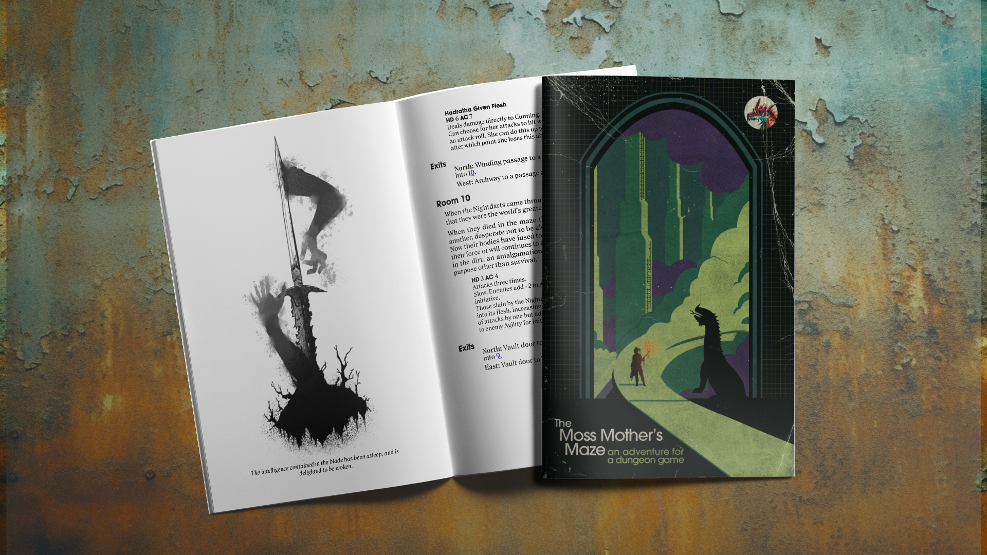 A digital mock-up of a pair of softcover zines lying on a rusted surface. One os open, showing a black and white illustration of a sword with spectral hands emerging from it. The facing page contains text that's obscured by the other book, which rests on top of the open page. It is closed and shows a cover image of a green path winding into a smoke-filled maze. An adventurer walks along it, torch raised high, oblivious to the dragon looming out of the smoke beside them.