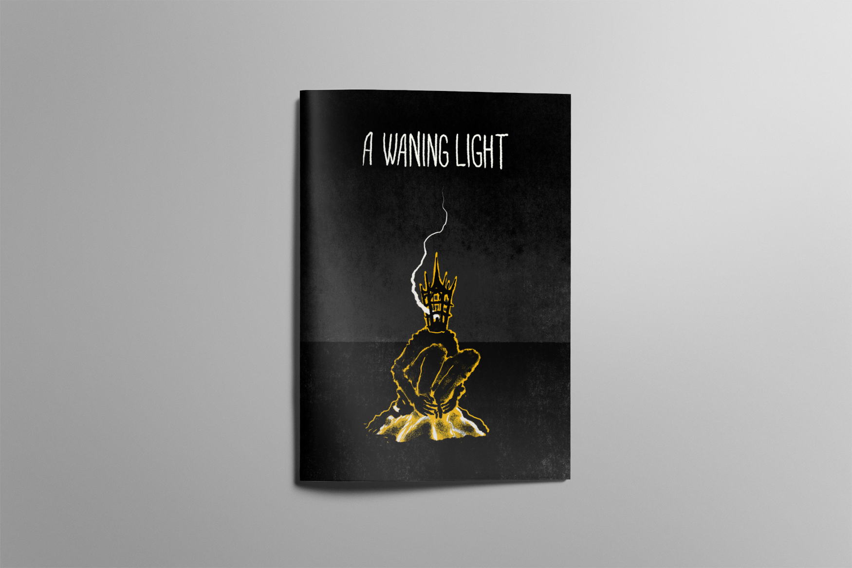 A mockup of an A5 zine. The cover is black and has a simple illustration of a crouched figure with a cage for a head. They sit atop a burned out campfire, and smoke rises from within the cage. The title reads "A Waning Light".