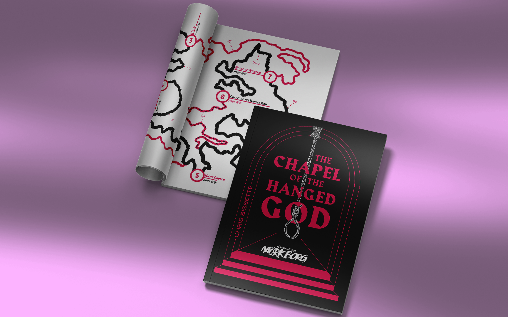 A mockup of an A5 perfect bound book. The cover is black and pink with a simple illustration of an archway aobve some steps. A noose hangs down from the arch into the tile "The Chapel of the Hanged God"