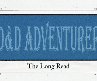 A blue and white banner. The text "D&D Adventurer" is displayed in an ornate frame. Below it, a subtitle reads "The Long Read".