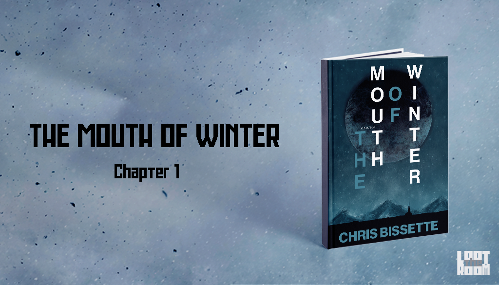 A mockup of a hardback book beside the title "The Mouth Of Winter: Chapter One"